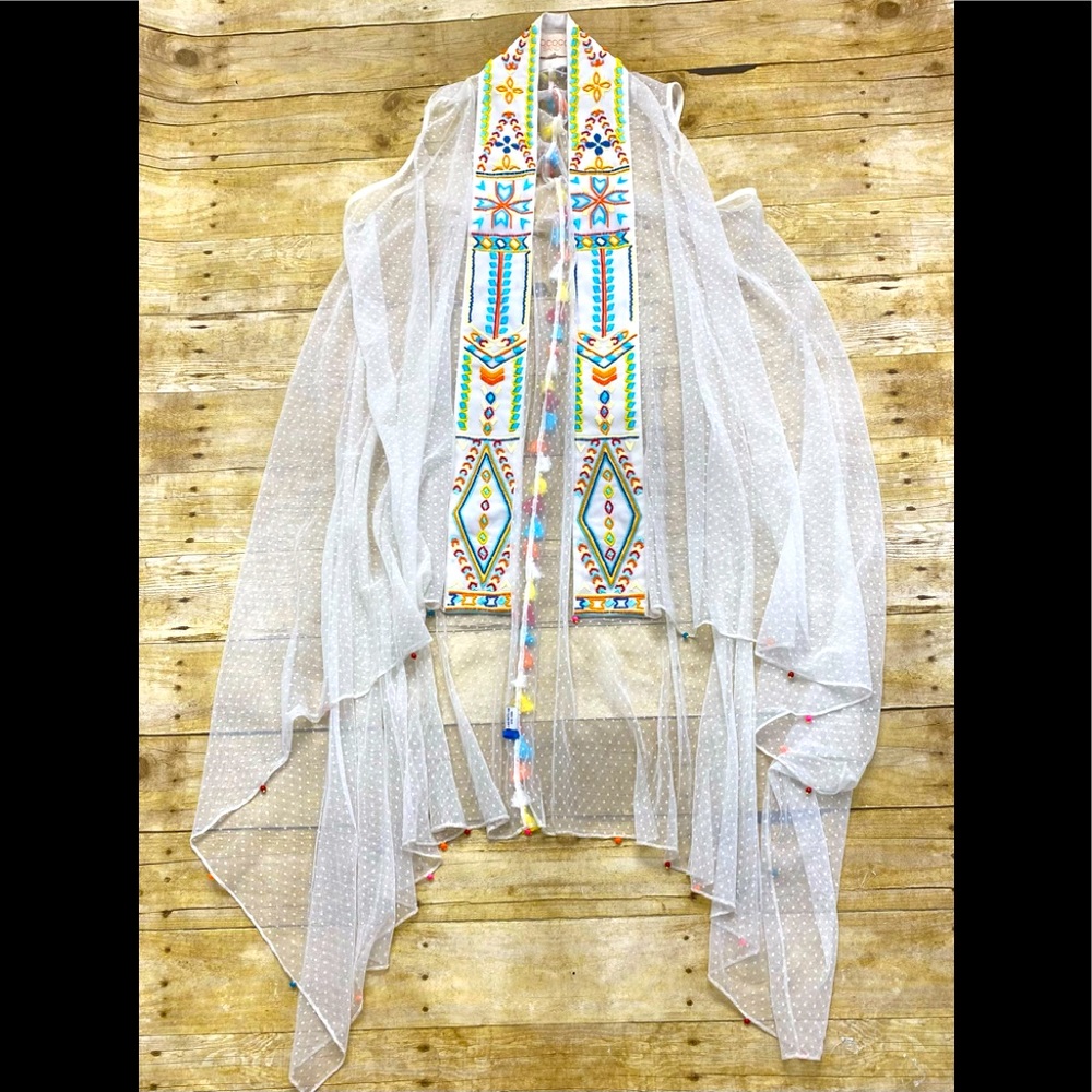 Rococo Sand White Sheer Embroidered Fringe Kimono